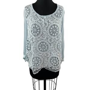 STELLA ROSA Italy Light Blue Cotton Blend Embroidered Long Sleeve Blouse Top M
